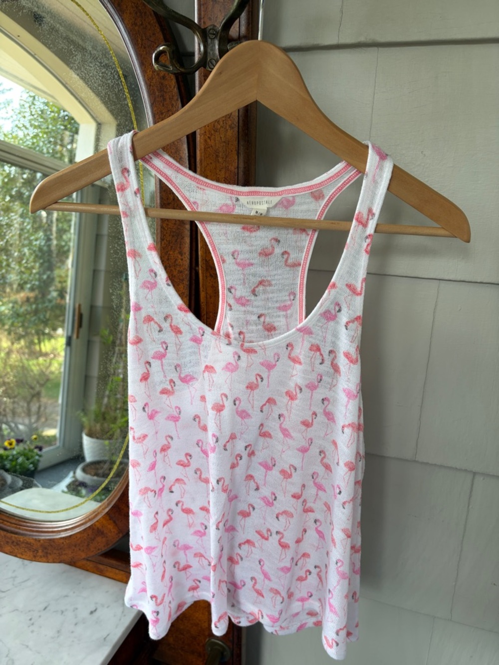 Aeropostale Flamingo Knit White Racerback Tank Pink Flamingo Pattern